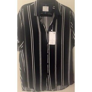 Cactus Man Men's Button-Up Shirt Size L Black & White Vertical Striped SS